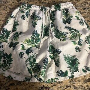 SHEIN White Swim Trunks with Green Tropical Leaf Print